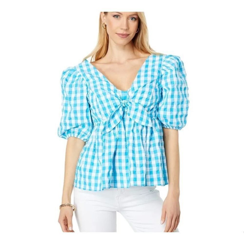 Lilly Pulitzer Babydoll Blouse Sarafina Gingham Womens Size 00 Tie Front Smocked